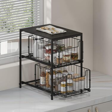 Meltrck Spice Rack and Kitchen Organizer, 2-Tier Pull-Out Kitchen Organizer, Metal and Wood Composite for Kitchen, Countertop, Pantry, and Dining Room (Black)