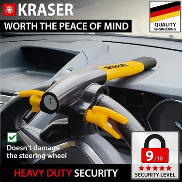 Протиугінний замок на кермо KRASER KR855Y, висока безпека, універсальна блокіратор керма для авто, автодімів та легкових автомобілів