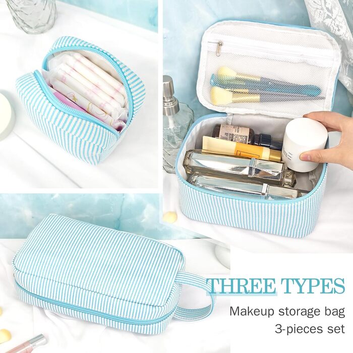 Набір косметичок для жінок: 3 шт. для макіяжу, подорожей та щоденного використання (блакитний)