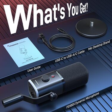 Мікрофон MAONO XLR-USB PD100X для стримінгу, подкастів, YouTube та ігор. Динамічний мікрофон з регулюванням гучності та програмним забезпеченням. Сумісний з PS4, PS5, Mac, PC. Чорний колір