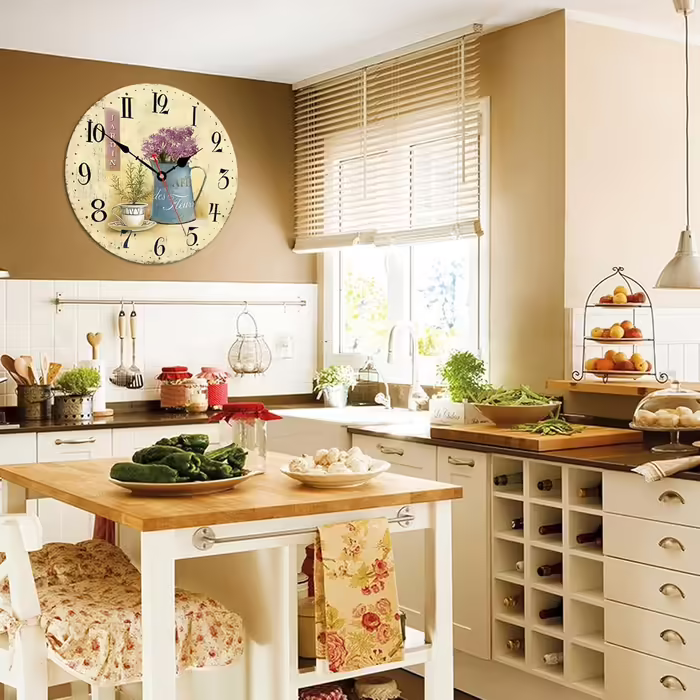 Toudorp Wooden Wall Clock with Arabic Numerals, Easy to Read, Silent Wall Clock, Retro, Battery Operated, Cafe and Flower Pattern, Decorative for Bedroom, Living Room, Dining Room (Cafe and Flowers, 12 inches)