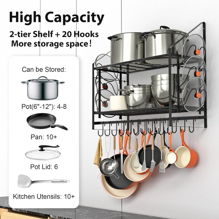 Hanging Pot Rack, 2 Tiers, Pots and Pans Organizer, Wall Mount, with 20 Hooks and 6 Lid Holders, Sturdy Steel Pot and Pan Hanger for Kitchen, Cookware, Utensils