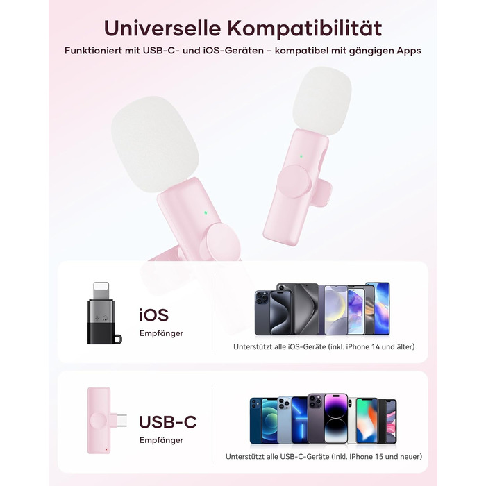 Беспроводной петличный микрофон 2шт, для iPhone, iPad, Android, с шумоподавлением, Plug & Play, для видео, подкастов, YouTube, TikTok (Рожевий)