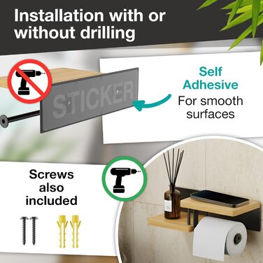 Тримач туалетного паперу Hovea з 2 полицями - настінний, без свердління, метал та дерево, чорний & бамбук