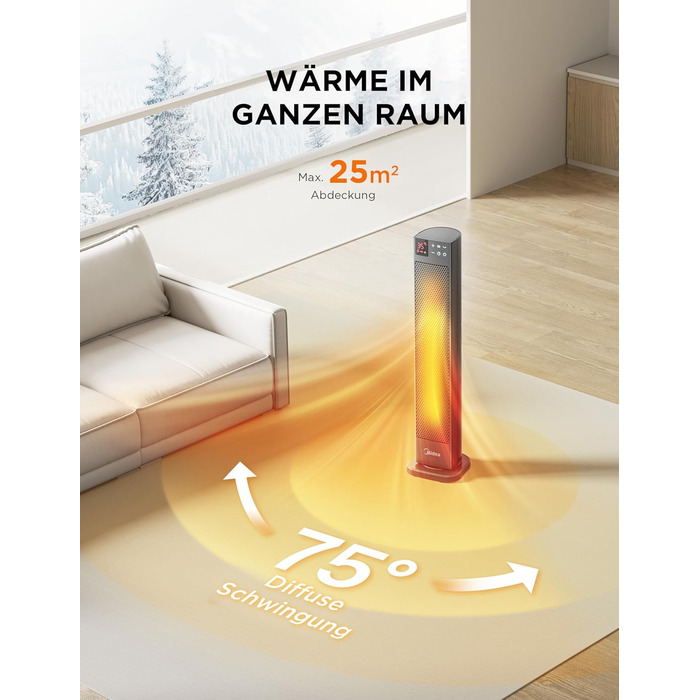 Електричний обігрівач Midea Ceramic 2000W з термостатом, 3 режими, таймер 24 год, захист від перегріву та перекидання, миттєве тепло для офісу та спальні (сірий, 76 см)