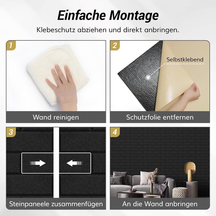 Акустичні панелі TONOR у вигляді цегли, самоклеючі шумопоглинаючі плити для стін (18 шт, 30x30x0,9 см), чорні — для звукоізоляції та декору кімнати