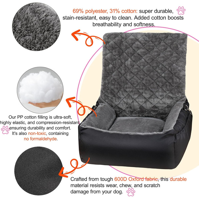 Автокрісло для собак SIVEIS – зручне ліжко з плюшу та кишеню для зберігання, чорне