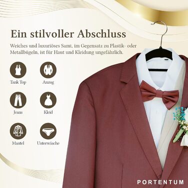 Плечики для одягу PORTENTUM з оксамиту, 10 шт., чорні - антиковзаючі, з 360º обертовим гаком, вирізами та тримачем для аксесуарів, економія місця, товщина 0,6 см, Made in Spain