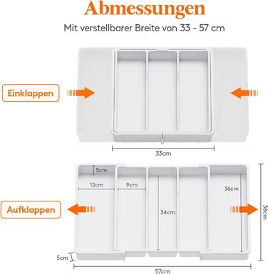 Органайзер для столових приборів Lifewit розсувний для шухляди, 33-57 x 38 x 5 см, білий. Підставка для ножів та виделок, пластик.