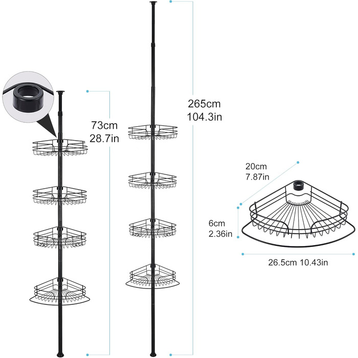 DUFU Поличка для душу та ванни кутова металева з 4 кошиками, регульована висота 73-265 см, чорна