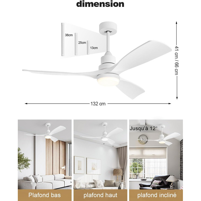 Стеляний вентилятор з підсвіткою та пультом дистанційного керування, тихий DC мотор, 132 см/52 дюйми, 3 дерев'яних лопаті, таймер, 6 швидкостей, сертифікований ETL, режим літо/зима для спальні (132см/52 дюйми, Білий)