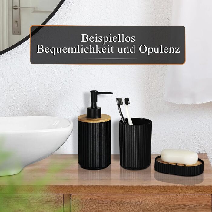 Набір аксесуарів для ванної кімнати GMISUN 6 предметів, чорний: мильниця, дозатор мила, стакан для зубної пасти, відро для сміття, тримач для туалетного йоржика, у стилі Farmhouse Boho