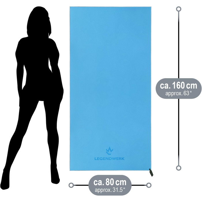 Рушник з мікрофібри Legendwerk® 160x80 см – швидковисихаючий, компактний, для подорожей, спорту та відпочинку на природі – легкий, стильний, з сумкою та петлею для підвішування. 1 шт (Світло-блакитний)