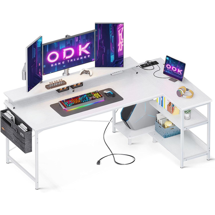 ODK письмовий стіл L-подібний білий 168x80 см з USB-роз'ємом, розеткою, полицею, моніторною підставкою, для ігрової кімнати та офісу