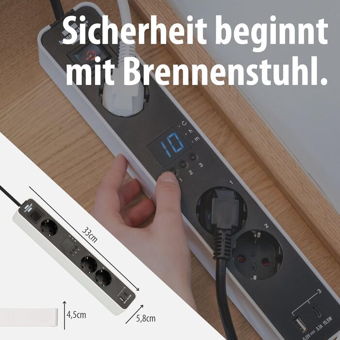 Смуга розеток Brennenstuhl Ecolor 4-fach з USB (білий/чорний) з вимикачем, 1.5м кабель, 3 розетки, 2 USB-порти (A+C)