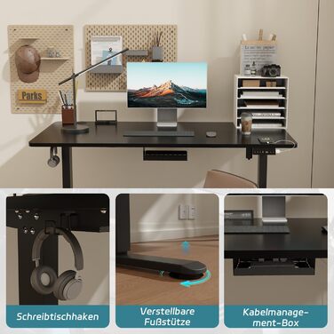 Електричний регульований стіл Airfish 140x70 см з кабельною системою та USB-портом, чорний. Офісний стіл, стоячий стіл з нагадуванням про сидячий режим.