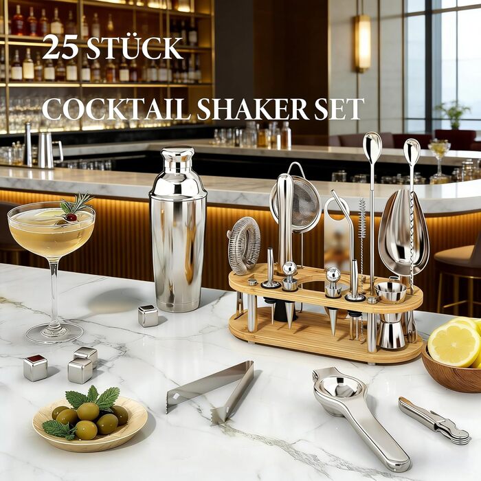 Набір для коктейлів 700 мл, 25 предметів: професійний шейкер, барменський набір з нержавіючої сталі, дерев'яна підставка для приготування напоїв