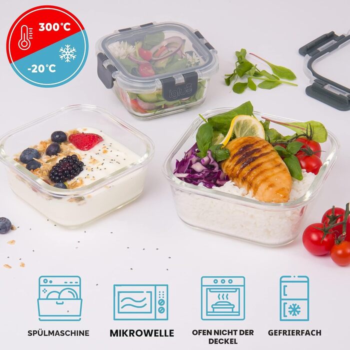 Контейнери для харчування Igluu, скляні, 3 шт. (400/650/950 мл) - BPA-free, мікрохвильова піч, духовка, морозилка, посудомийна машина, герметичні, жаростійке боросилікатне скло