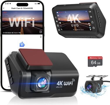 Відеореєстратор Chortau Dashcam 4K+1080P з двома камерами, WiFi, LCD 3 дюйми, 64GB SD, Нічне бачення, G-сенсор, Park Mode