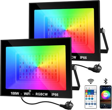 LED Floodlights Outdoor, 100W Smart RGB Floodlights with Remote Control and Bluetooth App, LED Floodlight Spotlights Color Changing Projector, IP66 Waterproof Floodlight for Gardens, Patios (2 Pack)