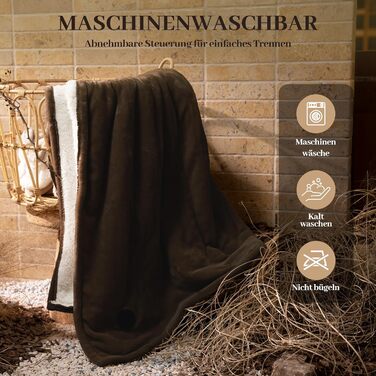 Електрична ковдра GOTCOZY 130x180 см з 10 режимами нагріву та таймером, коричнева, пральна