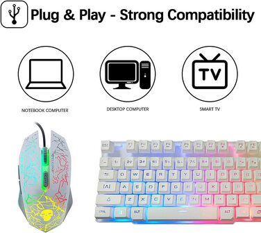 Механічна ігрова клавіатура та миша з підсвічуванням RGB, 104 клавіші, USB, 2400DPI, 6 кнопок, оптична миша, комплект для PS4, Xbox, PC, Laptop, чорний/білий