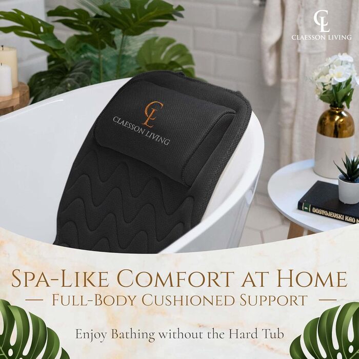 Подушка для ванни для всього тіла 125x43см, килимок для ванни з підголовником, підтримка шиї, спини та ніг. З мішком для прання та сумкою для подорожей, гачками для швидкого сушіння. Чорний колір.