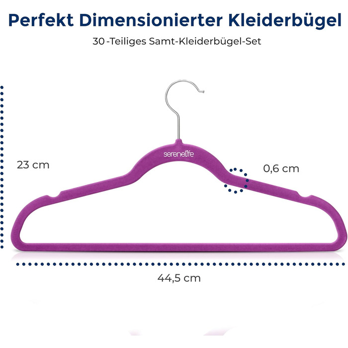 Velvet Kleiderbügel SereneLife, 30 шт. Оксамитові плечики для одягу, нековзні, ультратонкі, для шафи та гардеробу (Ліловий)