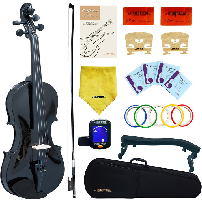Скрипка Crafteem 1/4 для початківців, дітей та дорослих, чорна, ручне виготовлення, з 5 кольоровими гриф-стрічками