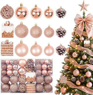Набір прикрас на ялинку 101 шт. Пластикові кулі, рожеве золото, матові, блискучі, з шишками та стрічками для декору ялинки, святкування, дому