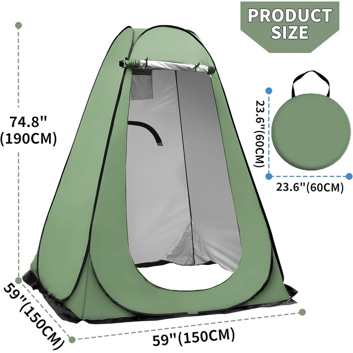 Pop-Up Shower Tent - Portable Changing Room for Beach, Camping, Hiking & Outdoor Activities (150x150x190cm, Green)