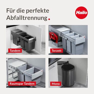 Вбудований сортер для сміття Hailo Terzett 3666131 - 3 секції, 10 л, повний висув, для шафок з дверцятами, сірий