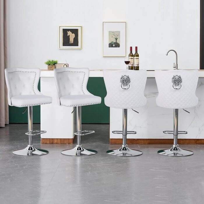 Modern Velvet Bar Stools 2-Pack - Adjustable Kitchen Counter Stools with Lion Paw Pulls - 360° Swivel, Black (White Option), 4-Pack Available