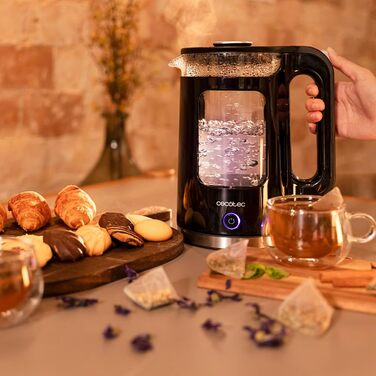 Скляний електричний чайник Cecotec ThermoSense 340 Clear, 2200 Вт, 1.7 л, з функцією підігріву води та LED-індикатором, чорний