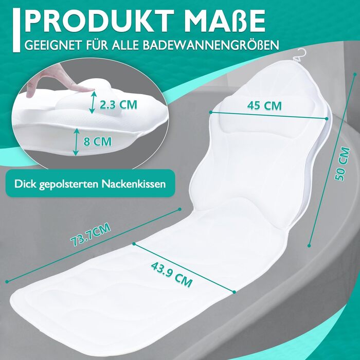 Poemland Luxus Thick, Full-Body Bathtub Pillow Mat & Cushion for Bathtub Headrest Neck Shoulder Support Comfort Relaxation Spa Accessories Perfect for Soaking in the Bathtub (White)