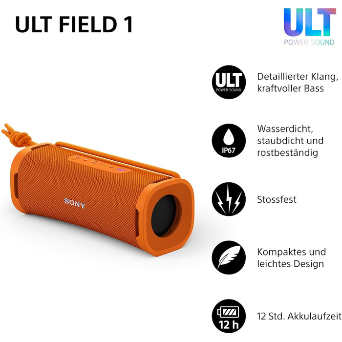 Sony ULT Field 1 Orange: Портативна Bluetooth колонка з глибоким басом, IP67 (водонепроникна, пилозахищена), 12 год роботи