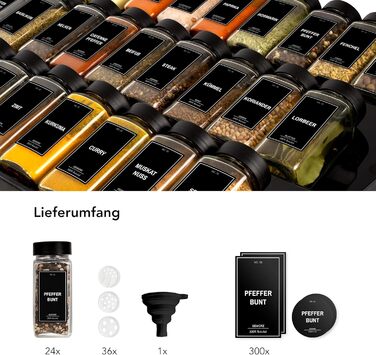 Spice Jar Set [24 x 120ml] with 300 Spice Labels [DE] - Spice Storage with Shaker Insert - Glass Spice Jars - Glass Spice Containers - Spice Organizer - Spice Jars Obsidian