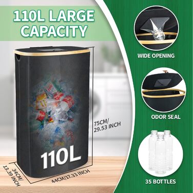110L Deposit Bottle Collection Container with Lid & 2 Removable Carrying Bags, Large Deposit Bottle Storage, Container for Empty Bottles & Recyclable Glass Storage, Kitchen Pantry Bottle Bag