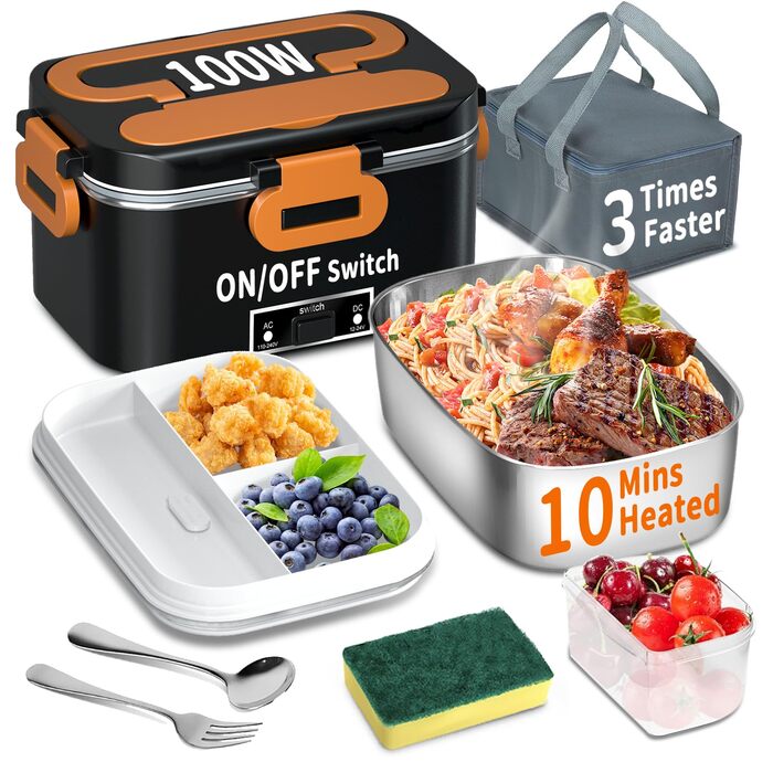 Електрична ланчбокс SOOOEC 100W, 3-в-1 з нержавіючою сталі, 12V/24V/220V для авто/офісу, з ізольованою сумкою (Оранжево-Чорний), 1.8L