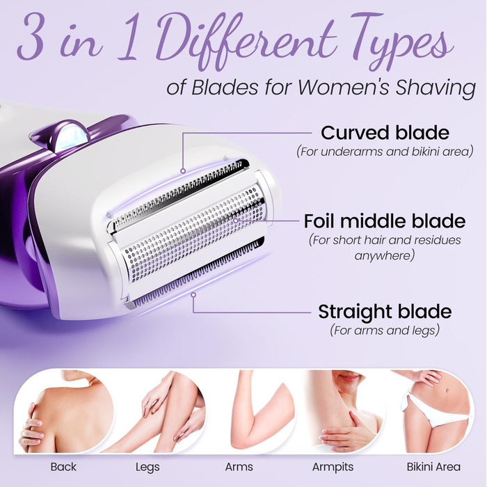 Електричний жіночий триммер для тіла: безболісне гоління ніг, бікіні та під пахв, бездротовий, USB, мокрий/сухий, білий/фіолетовий