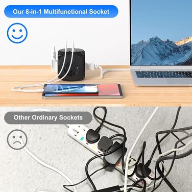 Розподільник розеток з USB-C, 4 розетки, плоский штекер, індивідуальне вмикання, куб з кабелем 2м для офісу, дому, подорожей - білий