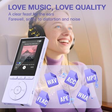 MP3 плеєр 64GB Bluetooth 5.3 з динаміком, записом голосу, E-book, HiFi звук, фіолетовий. Підтримка TF карти 128GB для спорту