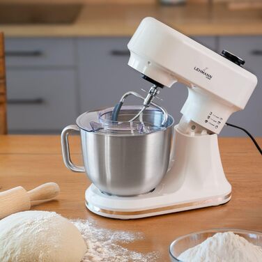 Кухонна машина Lehmann з дисплеєм, 1500 Вт, 12 швидкостей, функція ферментації з підігрівом, вбудовані ваги, таймер, чаша 5 л та 3 насадки-мішалки, Бежевий
