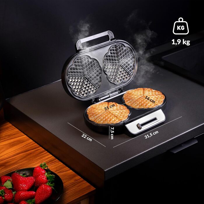 Вафельниця LEHMANN Doppel Waffeleisen Herzform - для випікання 10 вафель у формі серця, з антипригарним покриттям, регулюванням температури, індикатором нагріву, 1200W, чорний/срібний
