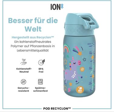 ion8 Insulated Stainless Steel Drinking Bottle 320 ml Leak-Proof One-Hand Opening Secure Locking Dishwasher Safe Flip-Top Lid Carrying Handle Easy to Clean, Durable, Unicorn (Evo, Recyclon, Alaskablue)