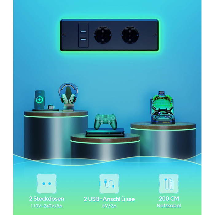 Офісний стіл для геймінгу OffiGo, 140 см, регулювання висоти, RGB LED, розетки, 3 стійкі місця для зберігання, тримач для напоїв та навушників, стільниця з карбонової поверхні (білий/чорний)