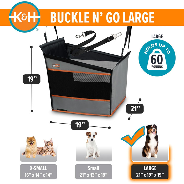 Автомобільний лежак для собак K&H Pet Products Buckle N' Go, великий (21x19x19 дюймів), сірий, водонепроникний, з регульованим ременем безпеки