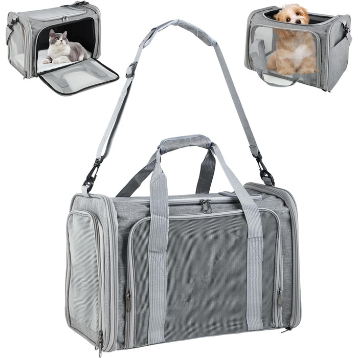 Транспортна сумка для тварин: складана переноска для кота та собаки, сірого кольору. Легка переноска з регульованим плечовим ременем, дихаюча переноска для подорожей та авто.