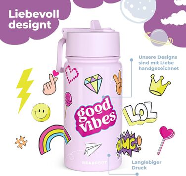 Дитяча термопляшка Bearfoot з нержавіючої сталі з трубочкою, 400 мл, без BPA, не протікає, для дівчаток та хлопчиків, ідеальна для школи та дитячого садка (фіолетовий колір, з наклейками)