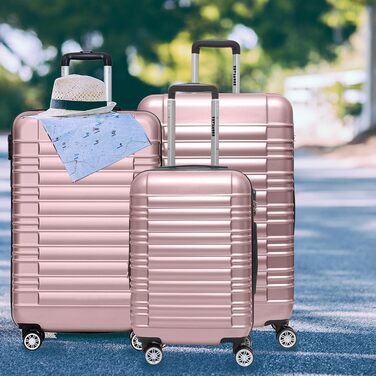 Набір валіз TRVLMORE 3 в 1: маленька, середня, велика, сірий колір, з рожевим золотом, з жорсткою оболонкою, 55x40x20 см (ручна поклажа)